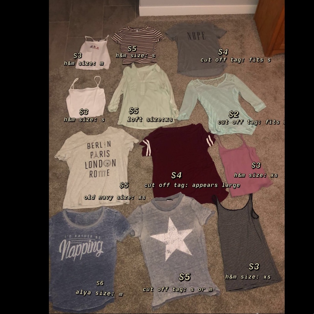 various shirts, t-shirts, tank tops, crop tops.